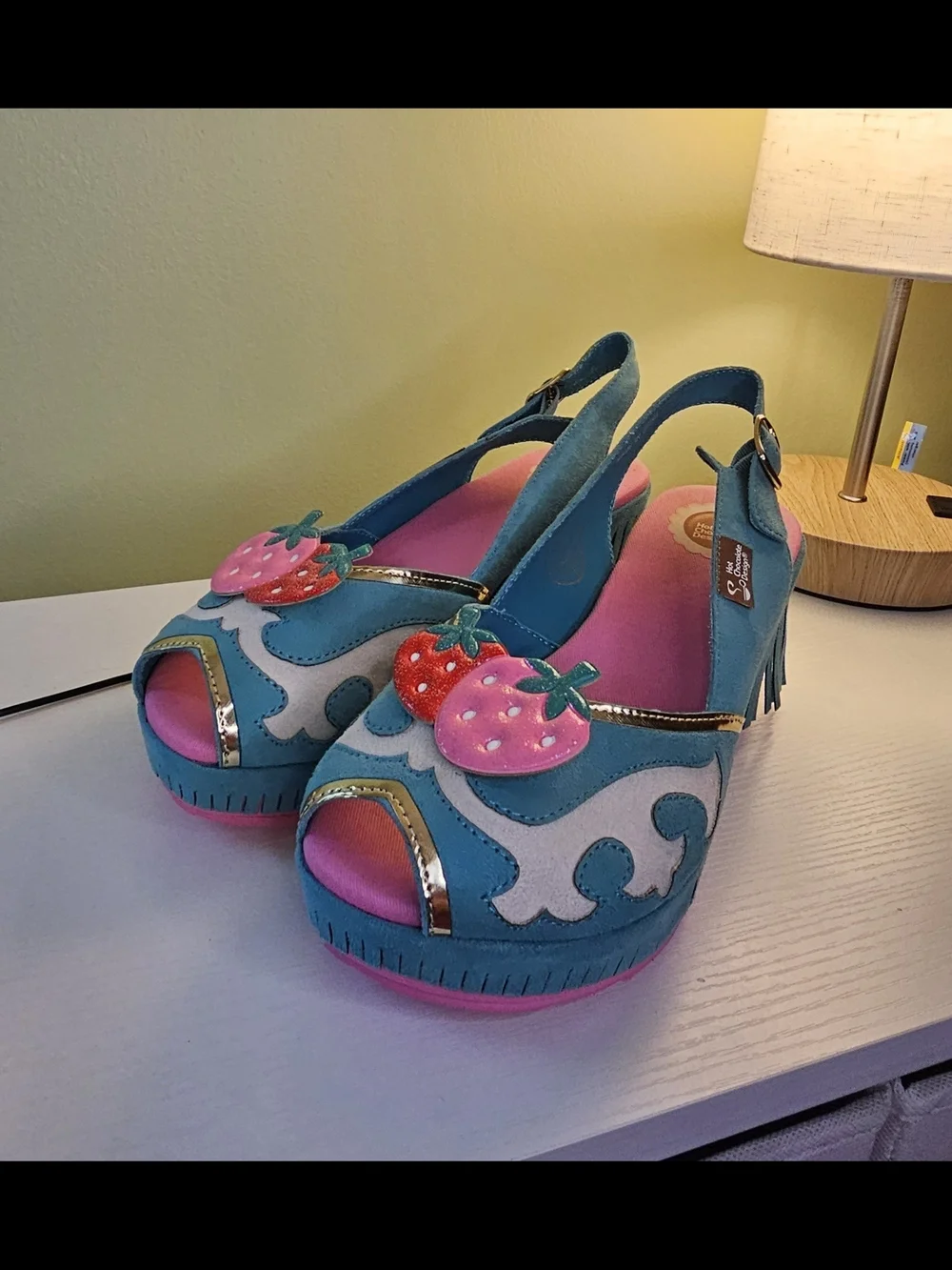 Teal Platform Slingback Sandals with Pink & Red Strawberry Accents